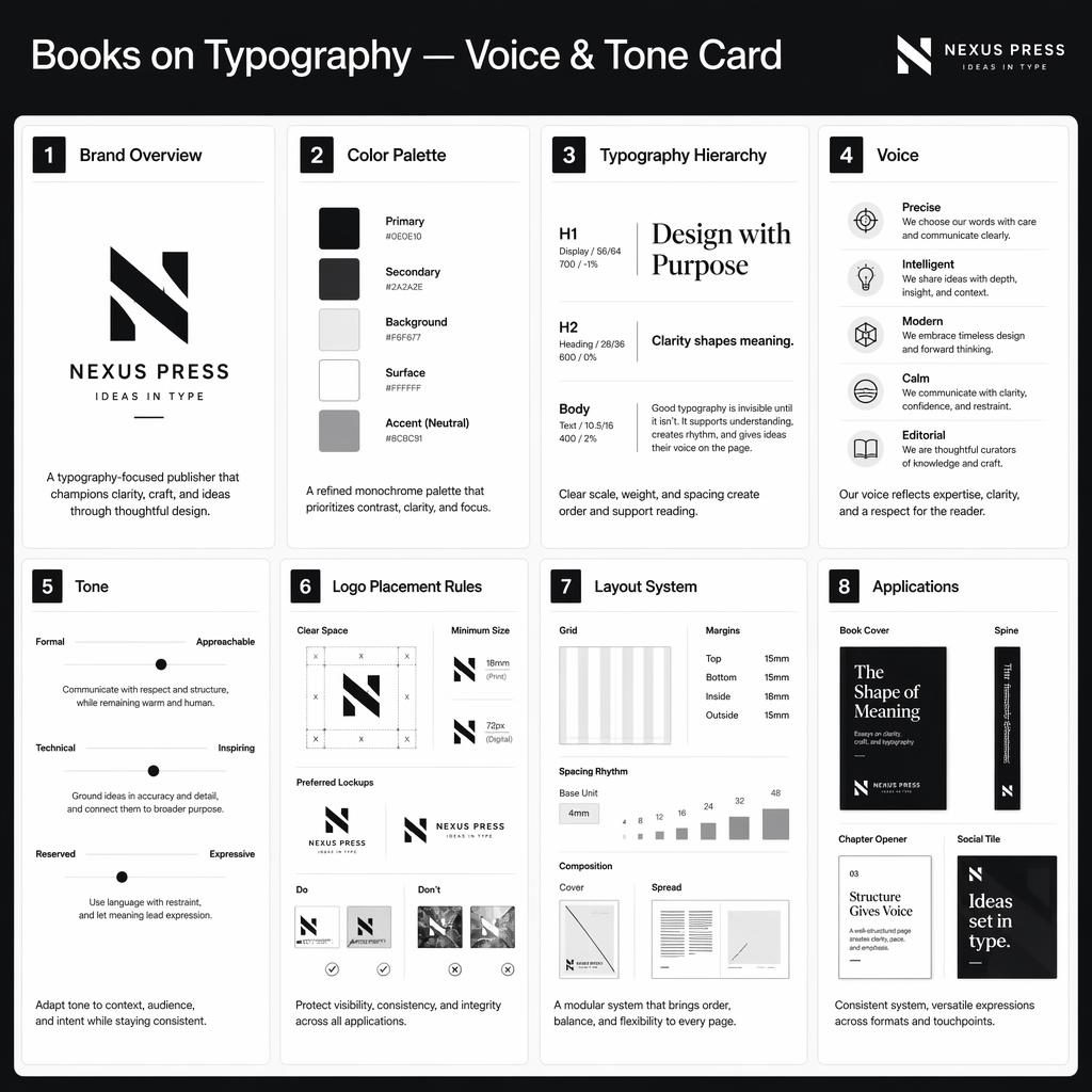 Monochrome 8-card infographic grid for a typography publishing brand with voice, tone, colors, hierarchy, layout rules.