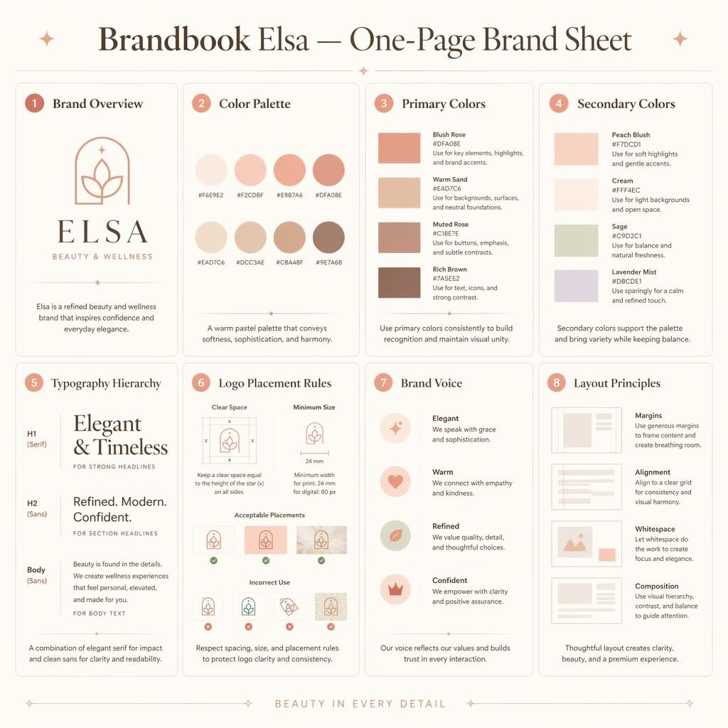 Editorial 8-card brandbook elsa grid with color palette, typography, logo rules, brand voice, and layout principles.