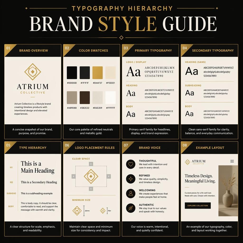 Infografik mit 8 Karten im Grid zu Brand Style Guide, schwarze und goldene Luxusoptik, Icons, Typografie und Farbfelder.