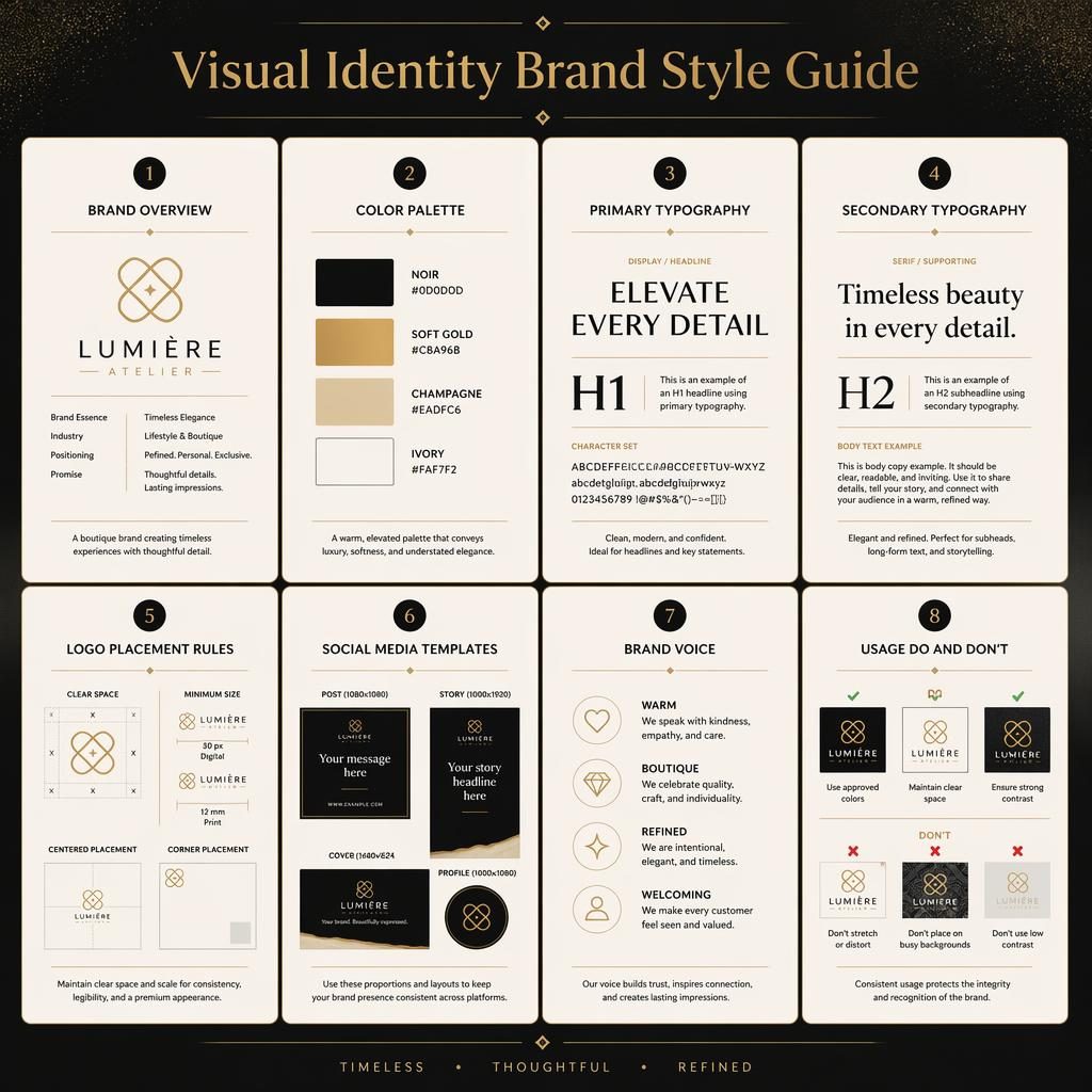 Infografía en cuadrícula con 8 tarjetas de guía de estilo de marca en negro y dorado, tipografía, paleta y reglas de logo.