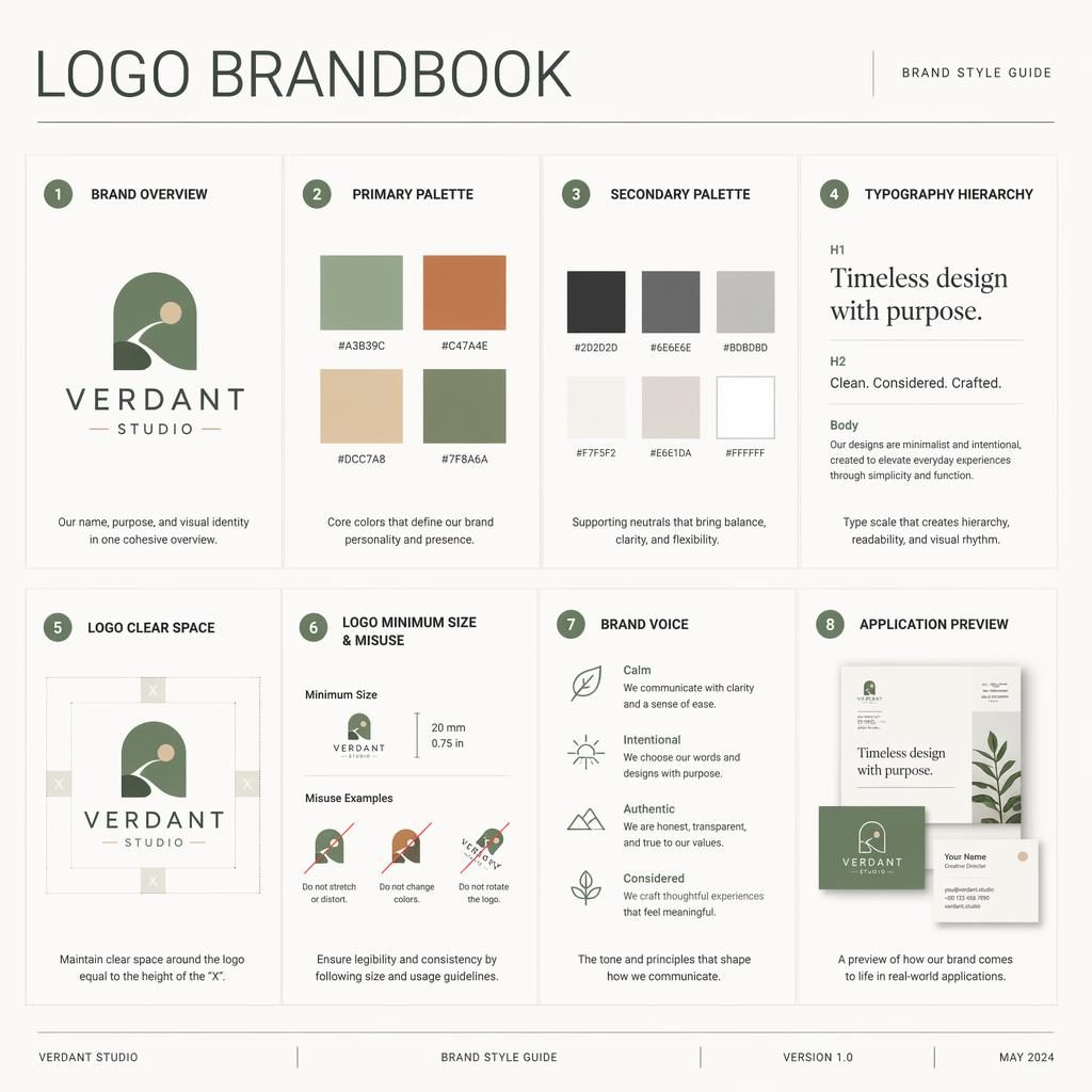 Minimal Swiss-style logo brandbook sheet with 8 grid cards showing palette, typography, clear space, size rules, voice, and mockups.