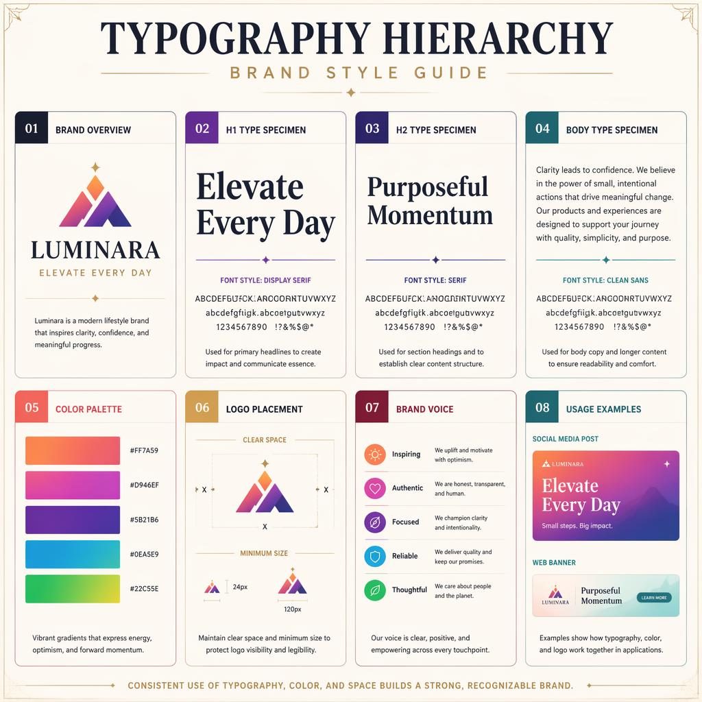 Editorial infographic with 8 brand style guide cards showing typography hierarchy, color swatches, logo rules, voice notes, and usage examples.