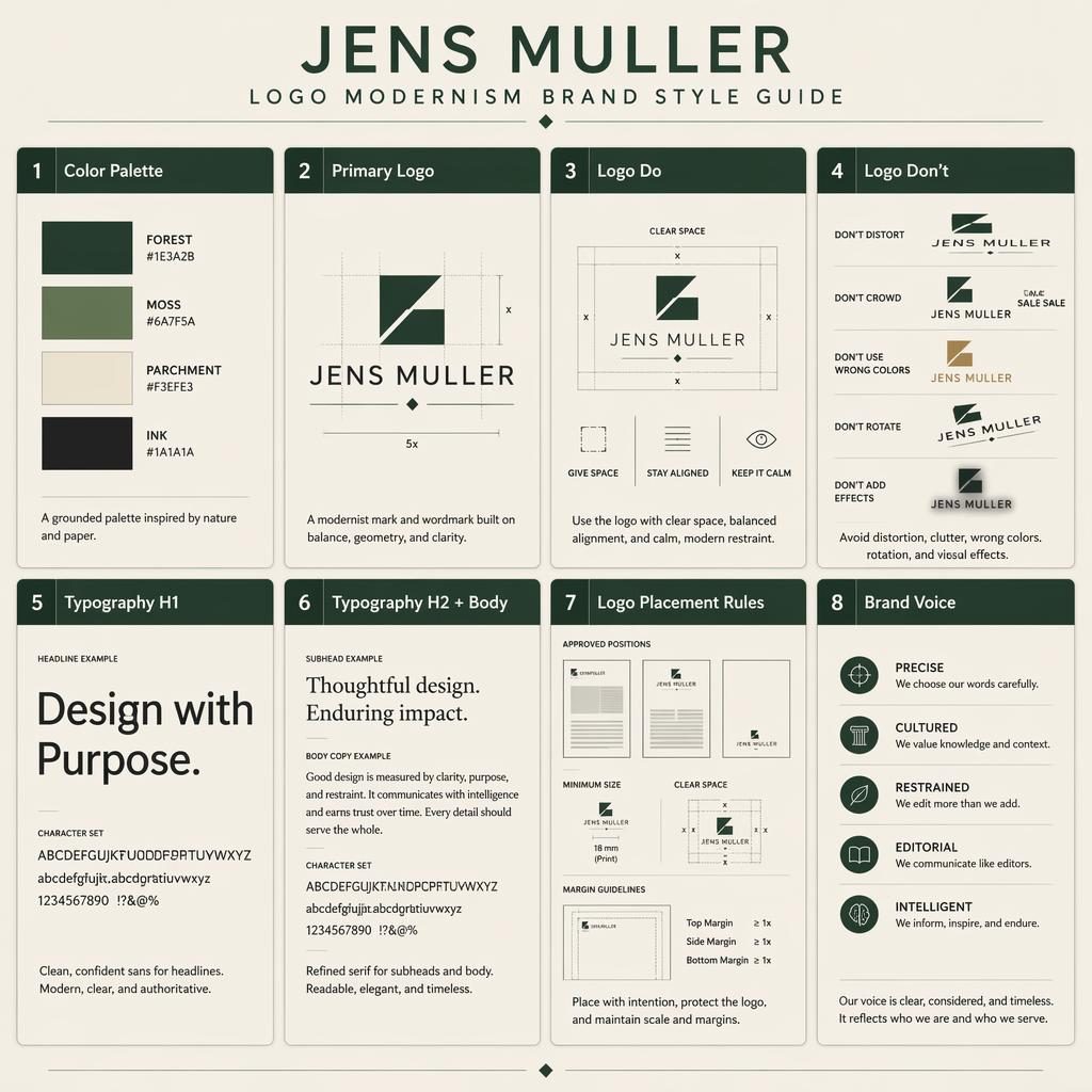 Editorial 8-card brand style guide grid in forest and parchment with logo, color, typography, placement and voice rules.