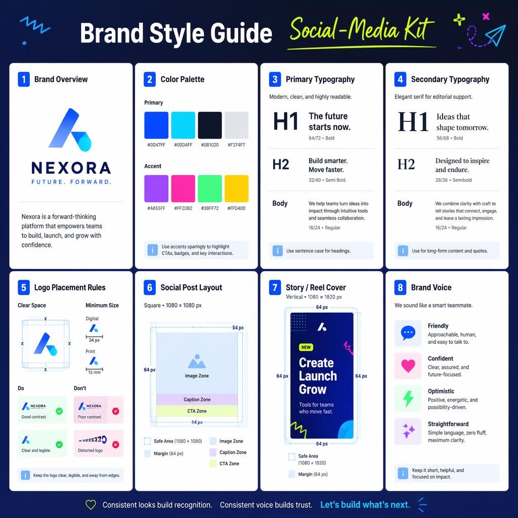 Editorial card grid infographic with 8 brand guide cards, tech blue neon palette, icons, typography, logo rules, layouts