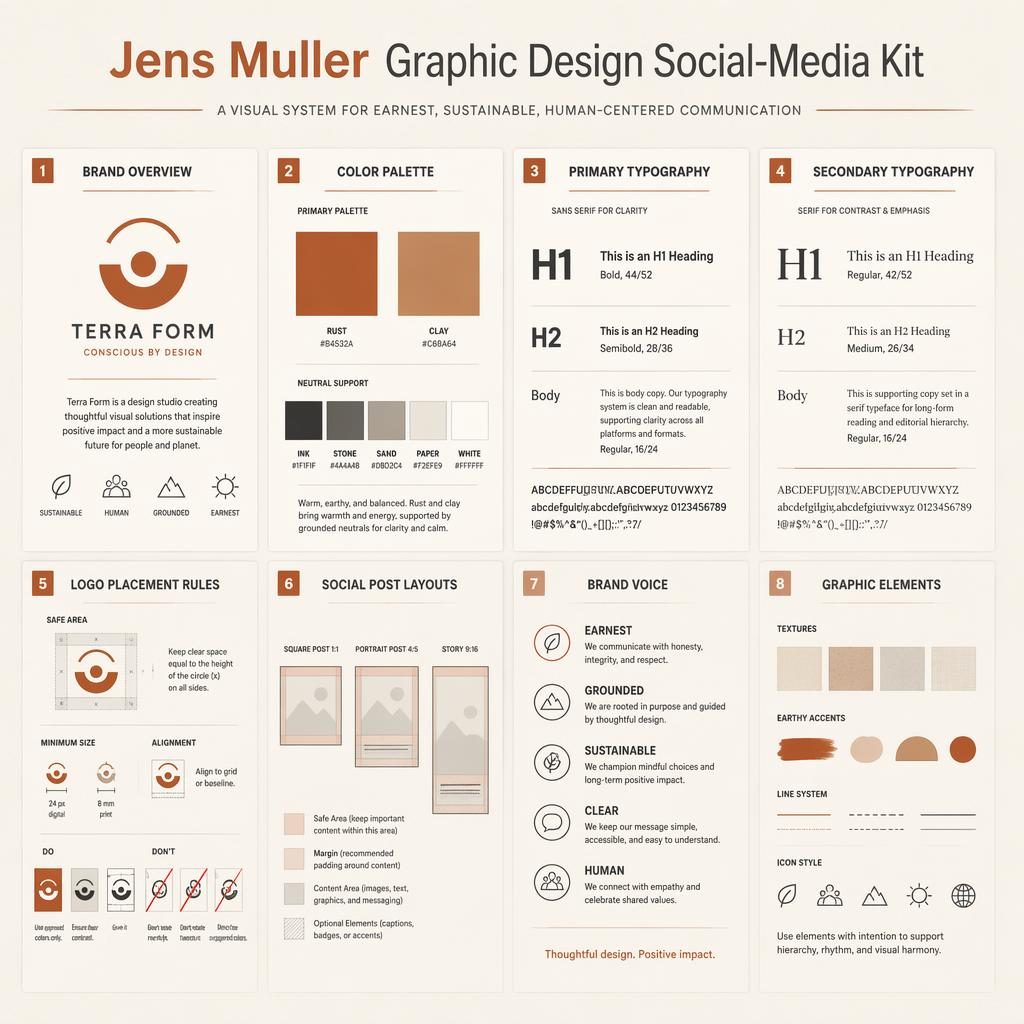 Editorial card grid infographic for Jens Muller graphic design, showing 8 brand guide cards with icons, typography, colors