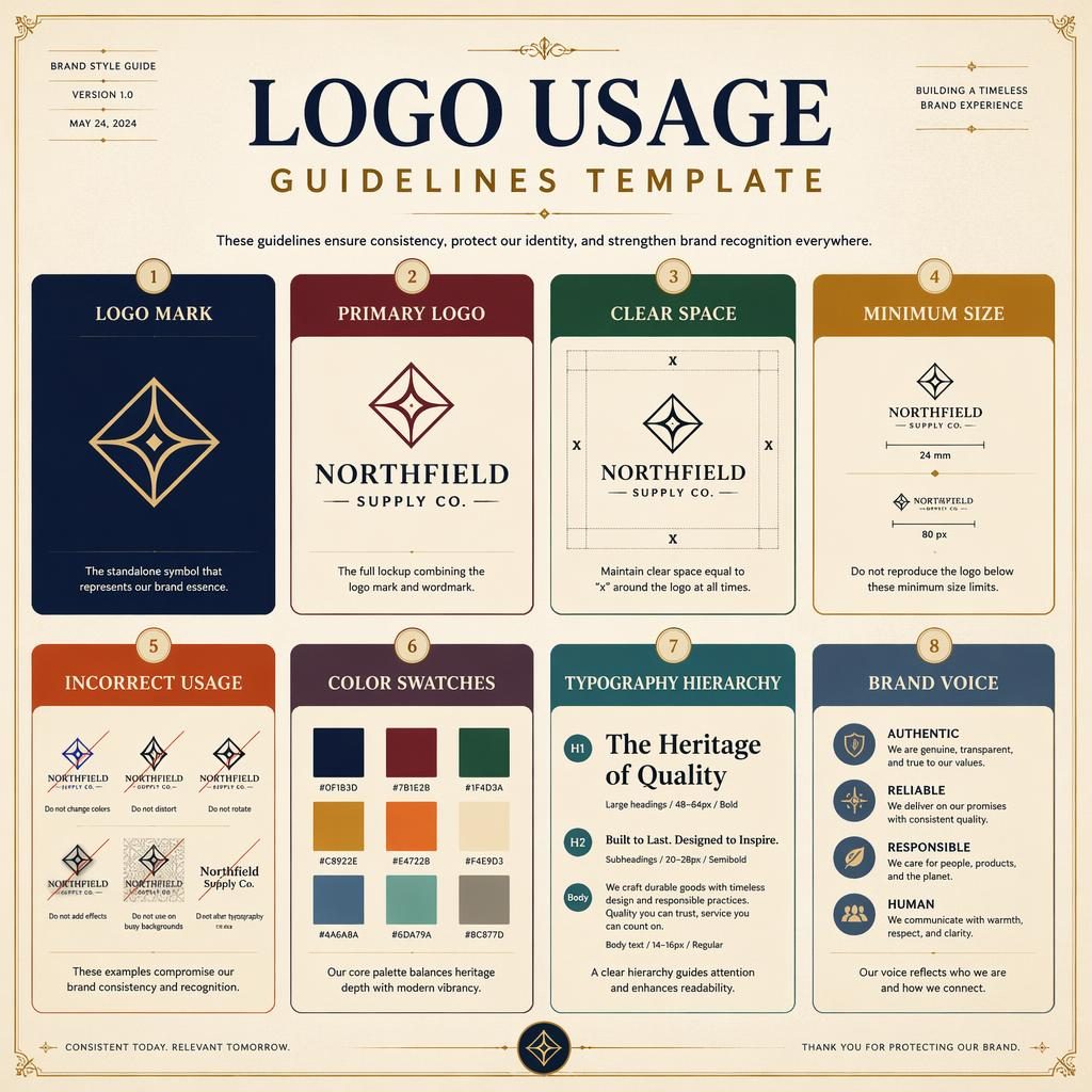 Editorial brand style guide cover with 8 cards showing logo rules, color swatches, type hierarchy, and brand voice.