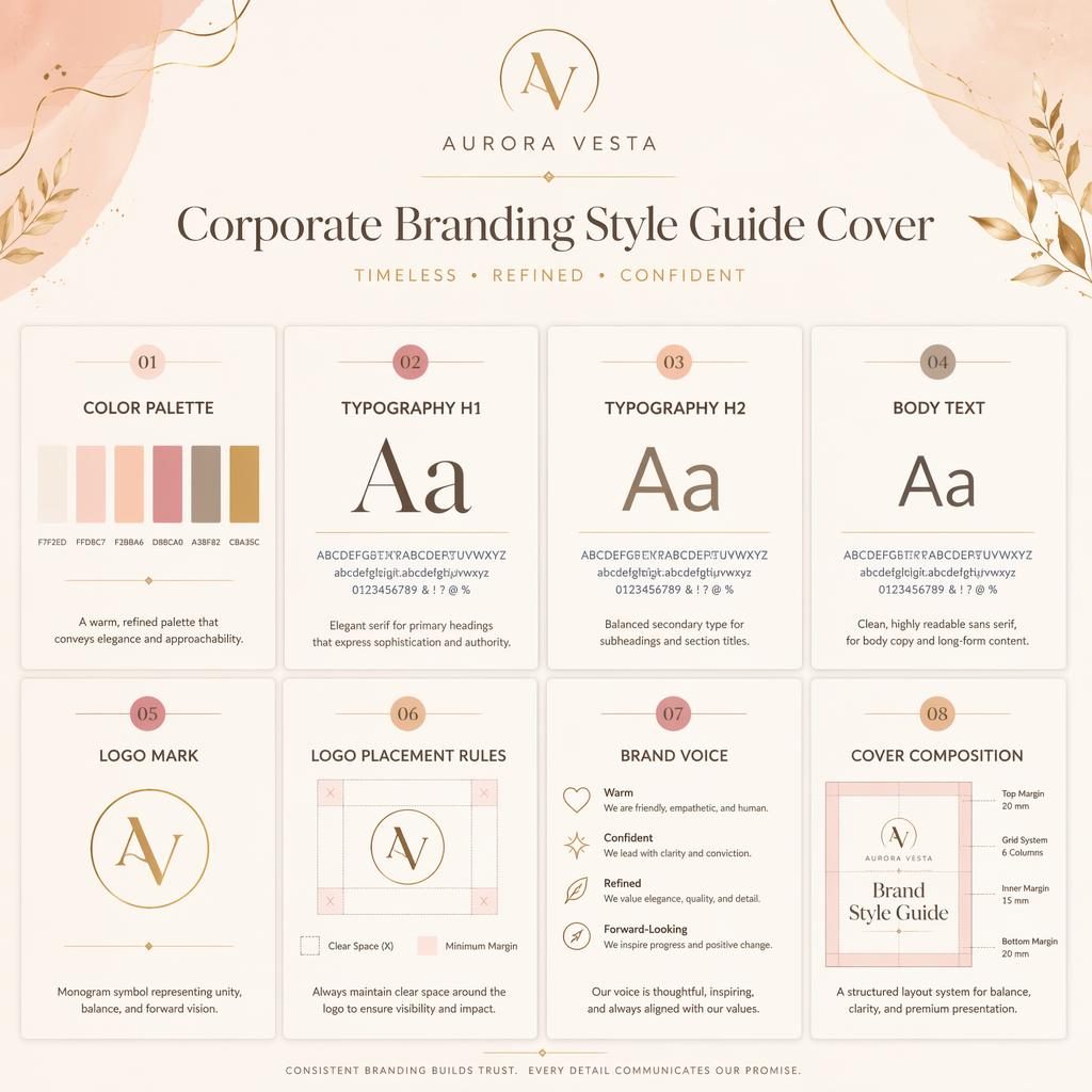 Editorial card-grid infographic cover with 8 branding guide cards, pastel swatches, typography, logo rules, brand voice, and grid.