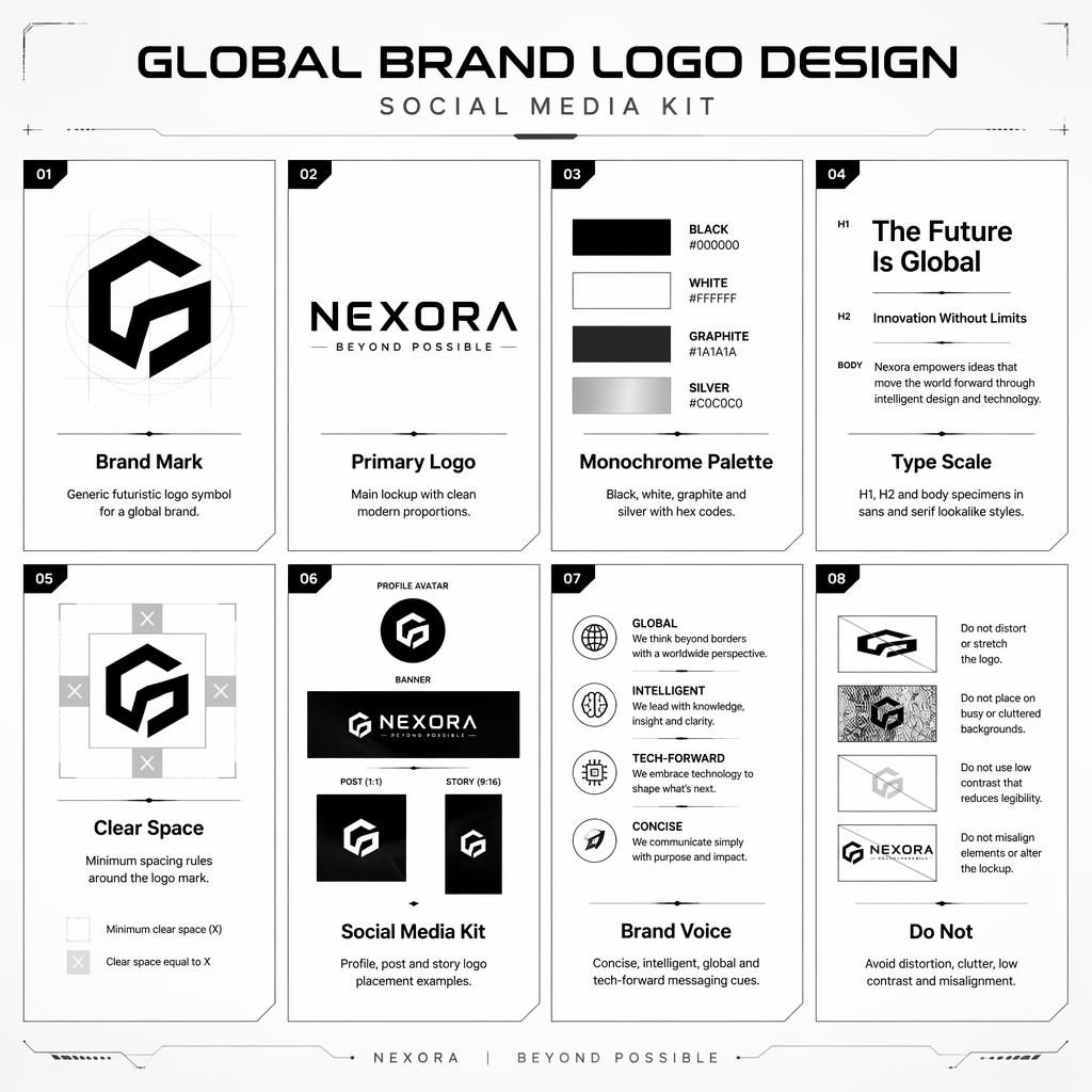 Monochrome infographic grid with 8 brand guide cards for logo mark, wordmark, palette, type scale, clear space, social kit.