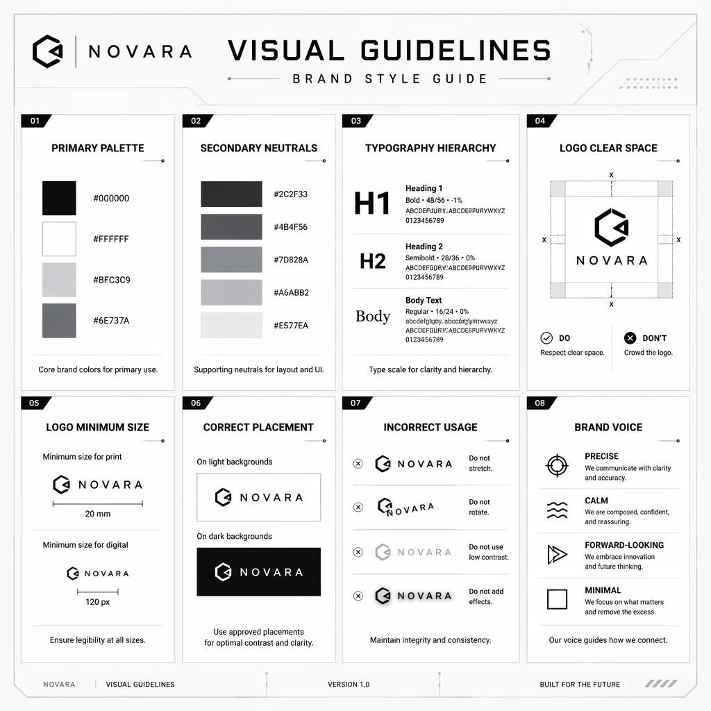 Monochrome editorial infographic with 8 brand style guide cards for palette, typography, logo rules, placement, usage, and voice.
