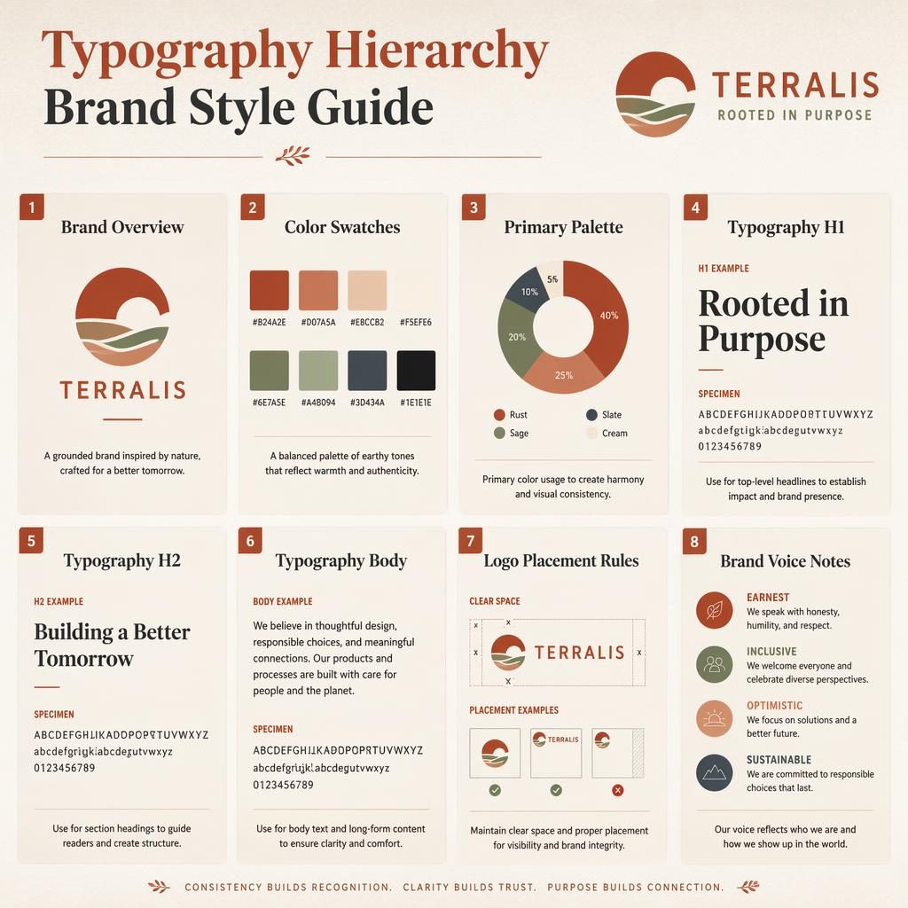 Editorial 8-card brand style guide grid with typography hierarchy, color swatches, logo rules, and brand voice notes.