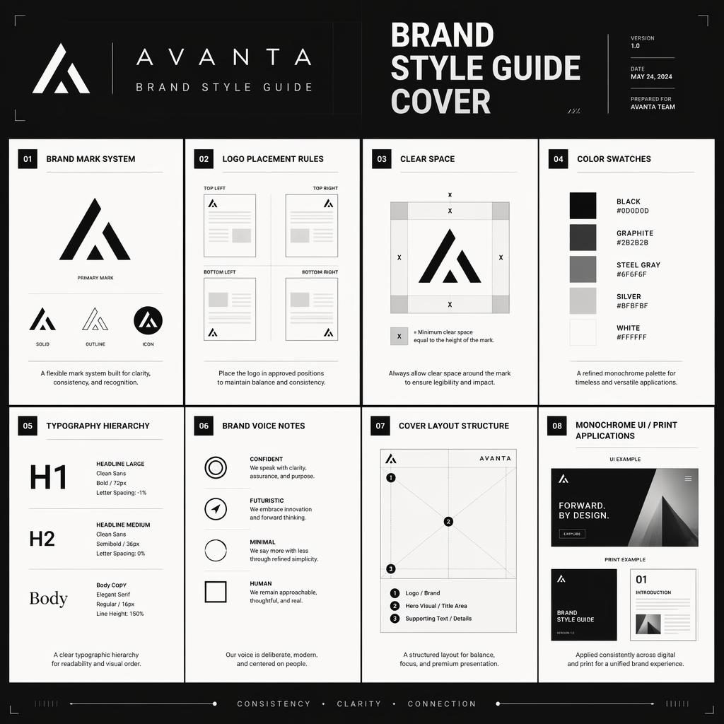 Monochrome editorial infographic with 8 cards for a generic brand style guide cover, icons, hex swatches, type hierarchy, and layout rules.