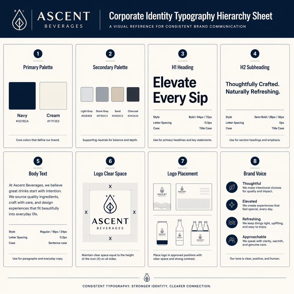 Infografía editorial con 8 tarjetas sobre tipografía y marca, paleta azul marino y crema, iconos, diagramas y textos en inglés.