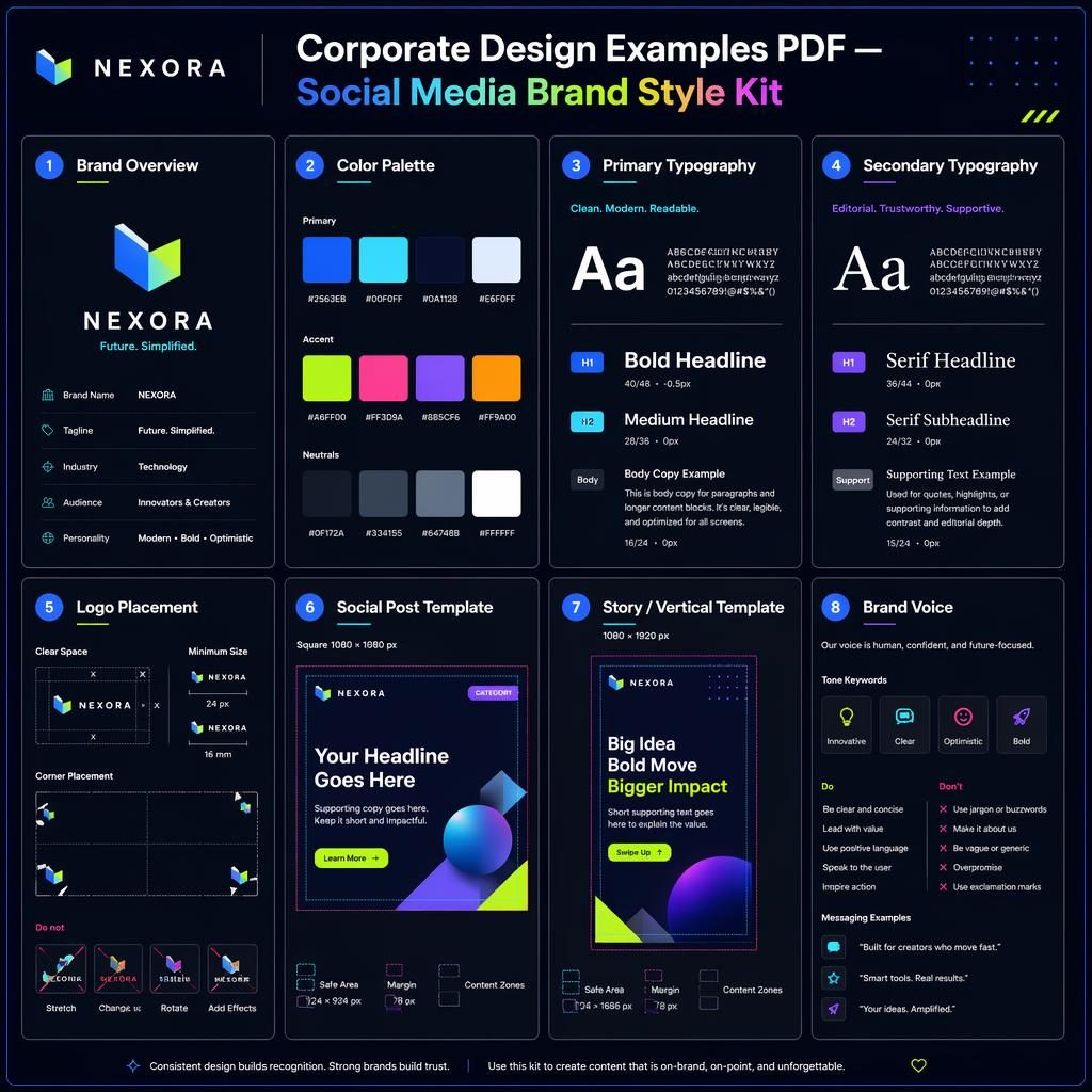 Infografik mit 8 Karten im Editorial-Grid: Logo, Farbpalette, Typografie, Logo-Platzierung, Social-Post, Story und Brand Voice.