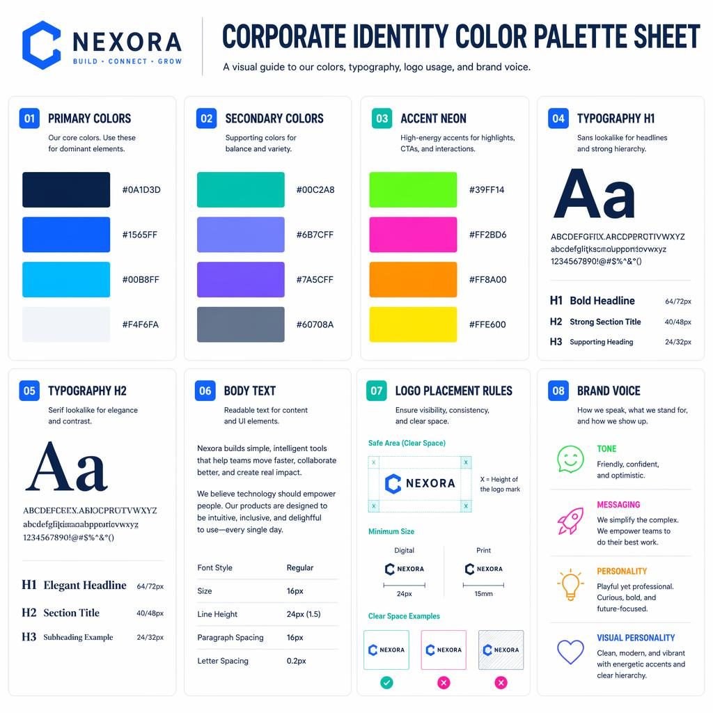 Infografía en cuadrícula con 8 tarjetas sobre paleta, tipografía, logo y voz de marca en azul tech y acentos neón.