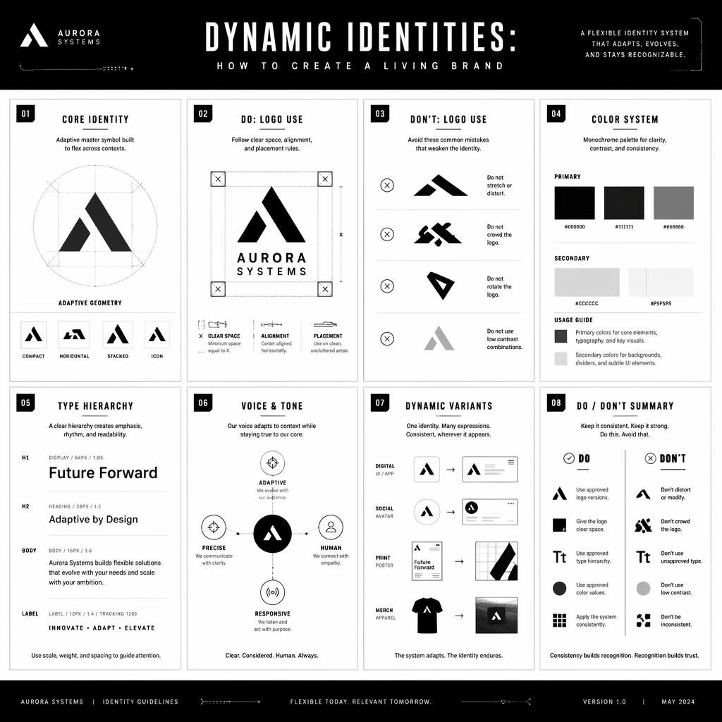 Monochrome editorial infographic with 8 cards showing logo rules, color system, type hierarchy, voice, and variants.