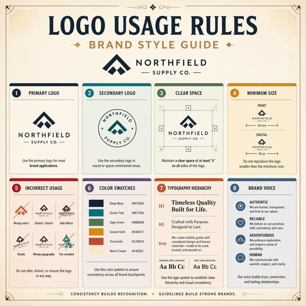 Editorial infographic card grid showing 8 logo usage rules, color swatches, type hierarchy, spacing, and brand voice.