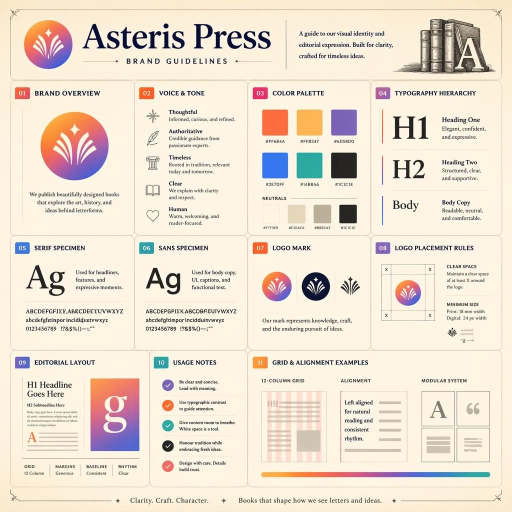 Editorial card grid infographic for books on typography with vintage cream paper, gradient accents, font specimens, swatches, logo rules.