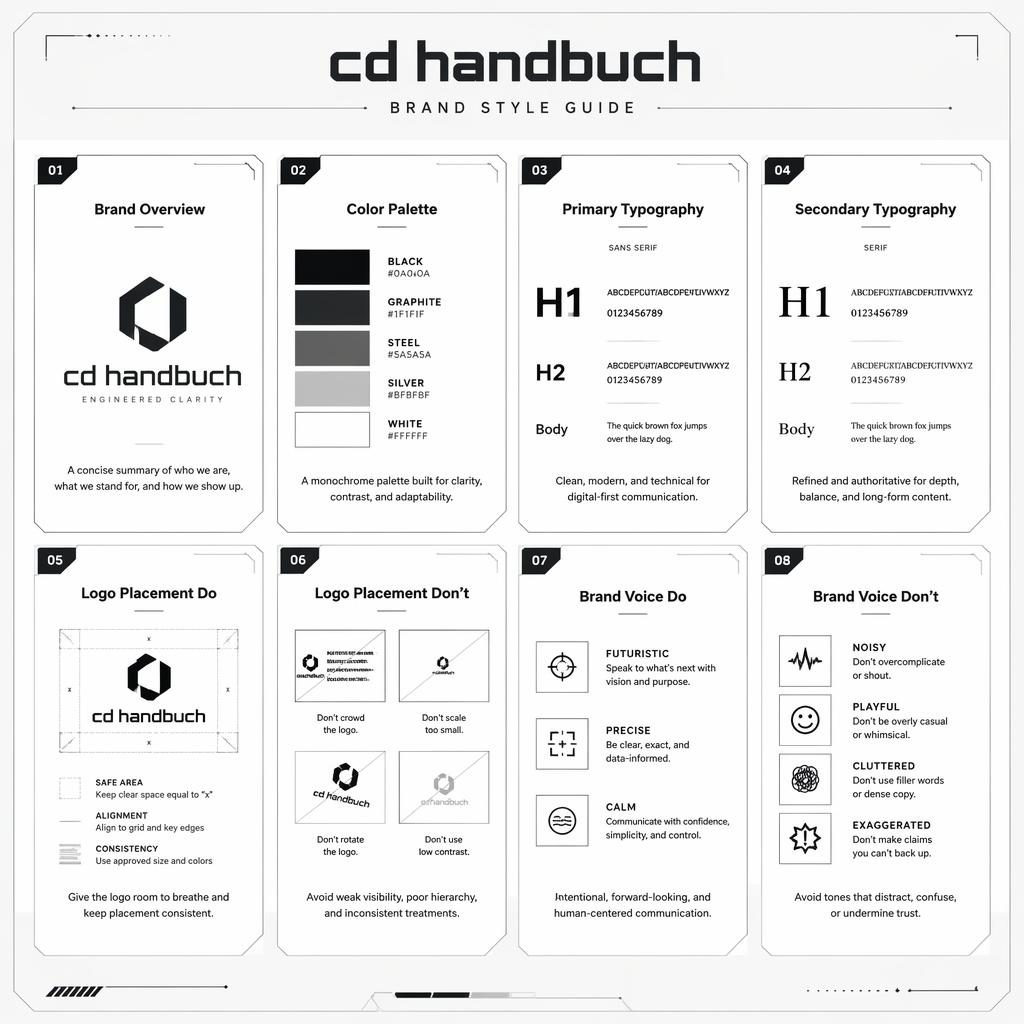 Monochrome Infografik mit 8 Karten im Raster für ein cd handbuch Brand Style Guide mit Icons, Typografie, Farben und Logo-Regeln.