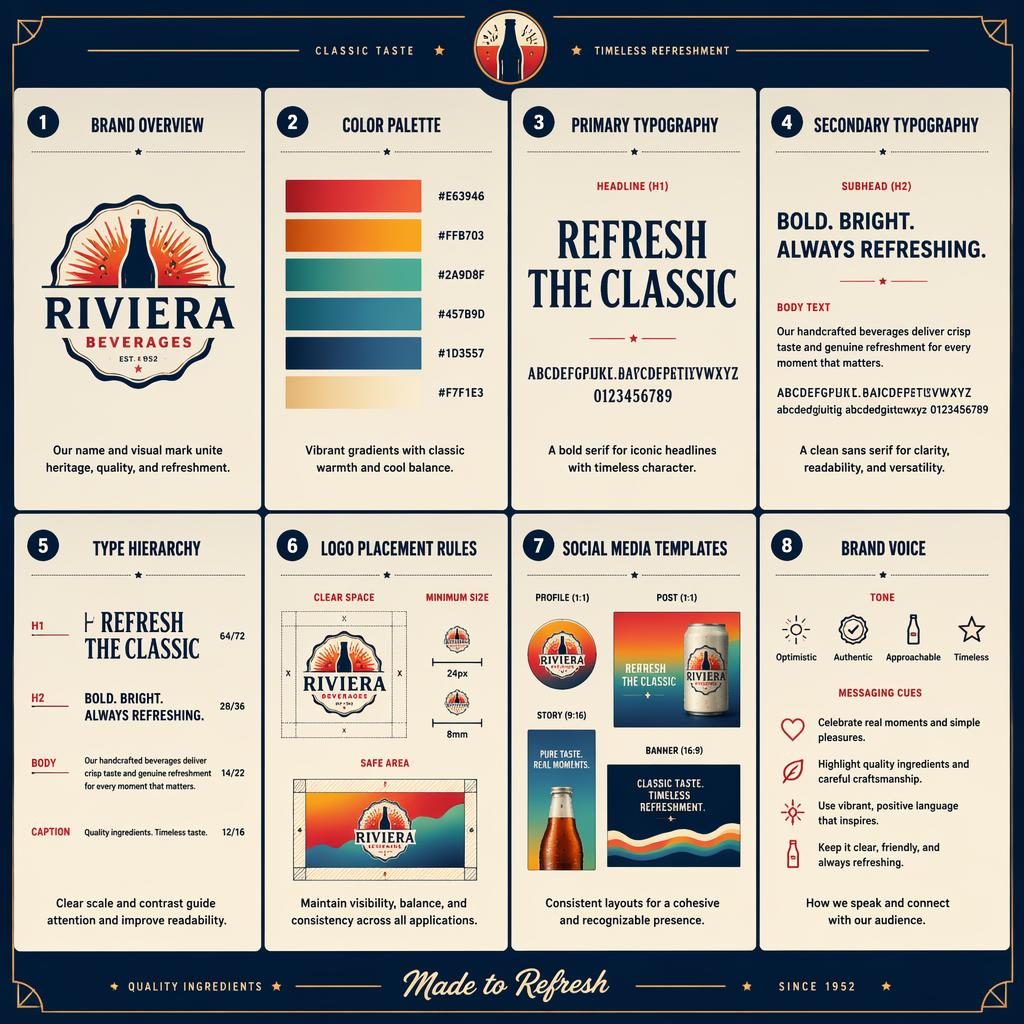 Infografía en cuadrícula con 8 tarjetas de guía de estilo para bebida, paleta vibrante, tipografías, logo y plantillas.