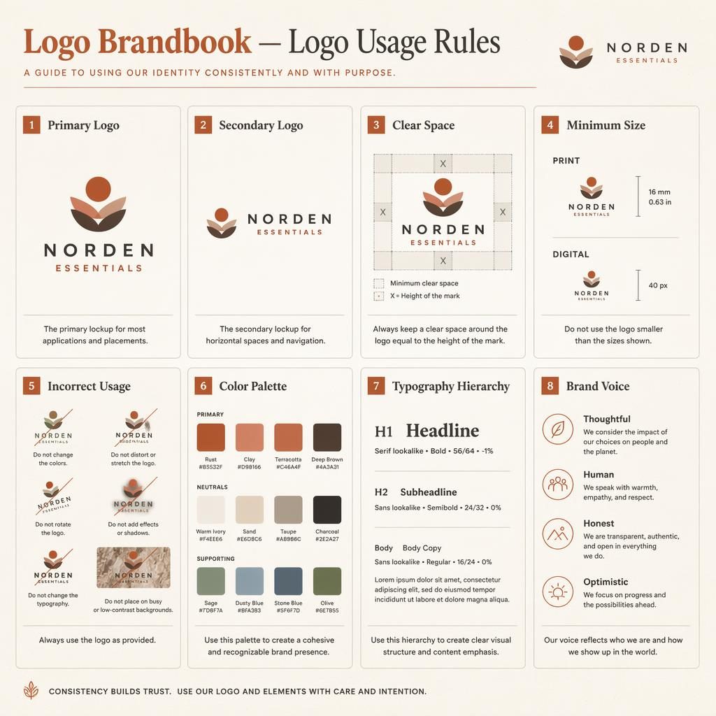 Editorial infographic card grid showing 8 logo brandbook rules cards in rust and clay tones with diagrams, swatches, and type hierarchy.