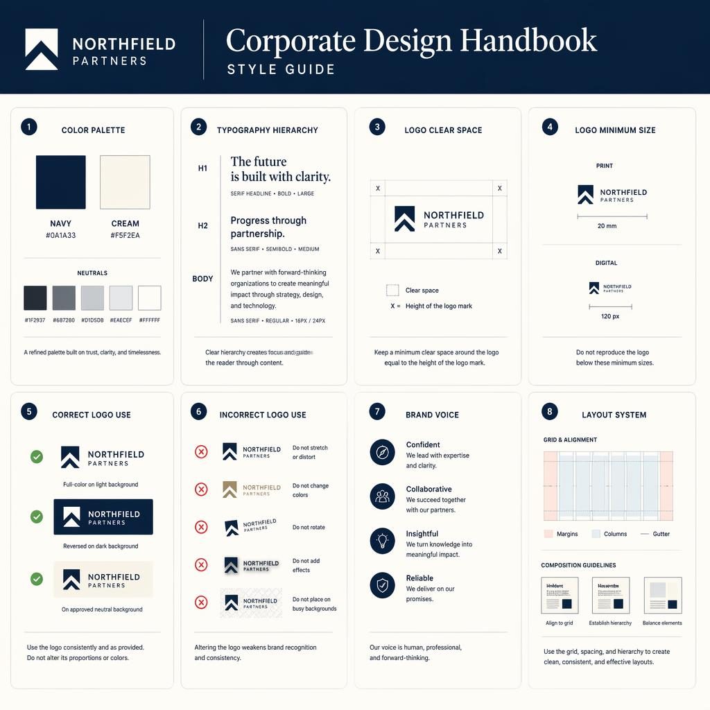 Editoriales Raster mit 8 Karten zu Style-Guide-Themen in Navy und Creme, mit Icons, Diagrammen und englischen Labels.