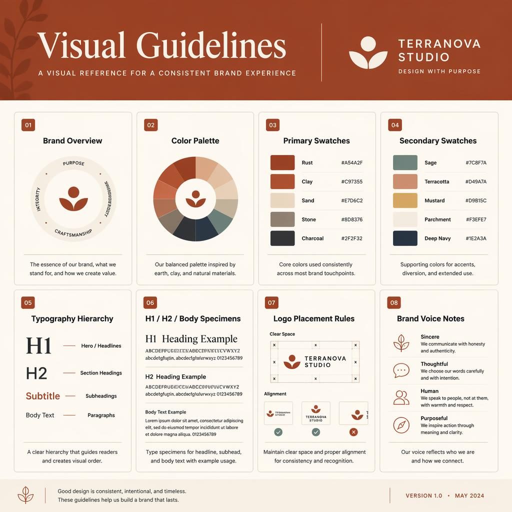 Editorial infographic titled Visual Guidelines with 8 uniform cards showing color swatches, typography, logo rules, and brand voice.
