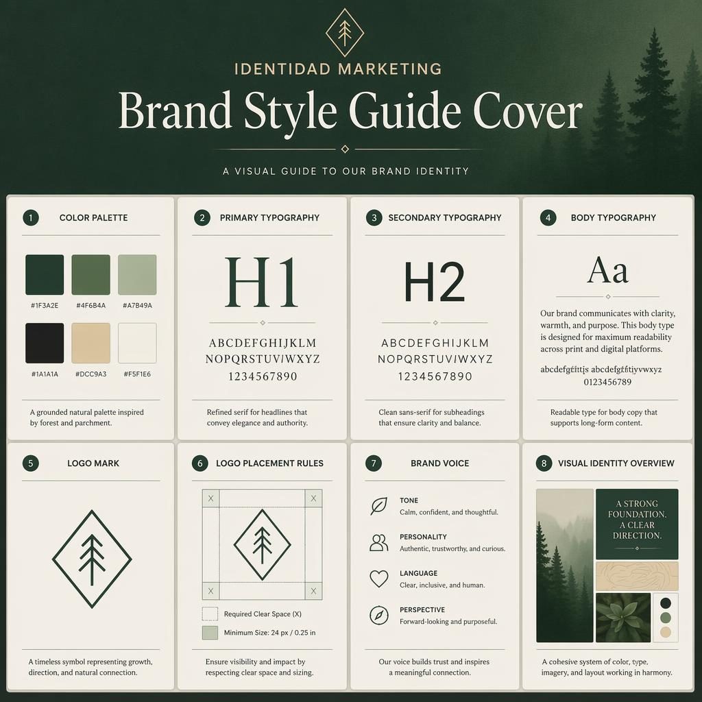 Infografía en cuadrícula con 8 tarjetas editoriales sobre identidad marketing, iconos centrales, tipografía y paleta forestal.