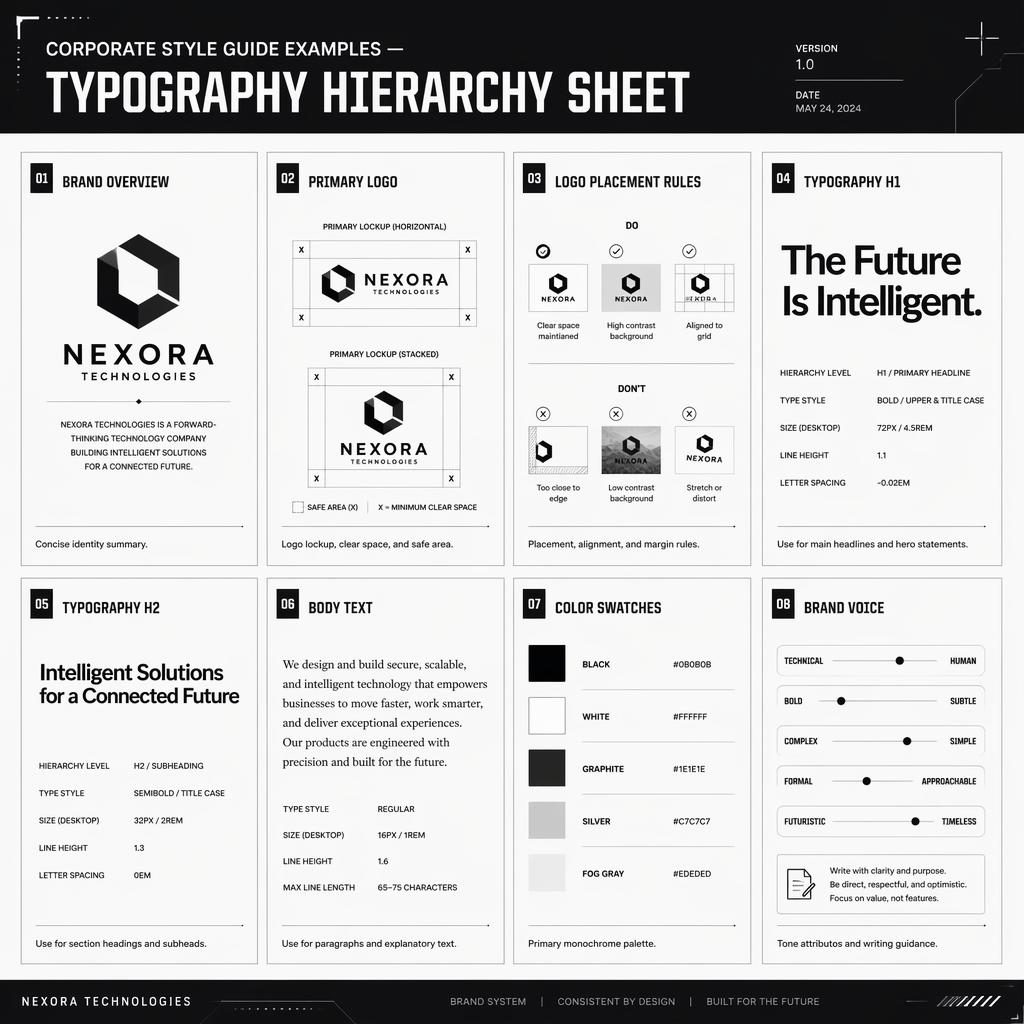 Monochrome editorial infographic with 8 style guide cards showing logo rules, typography hierarchy, color swatches, and brand voice.
