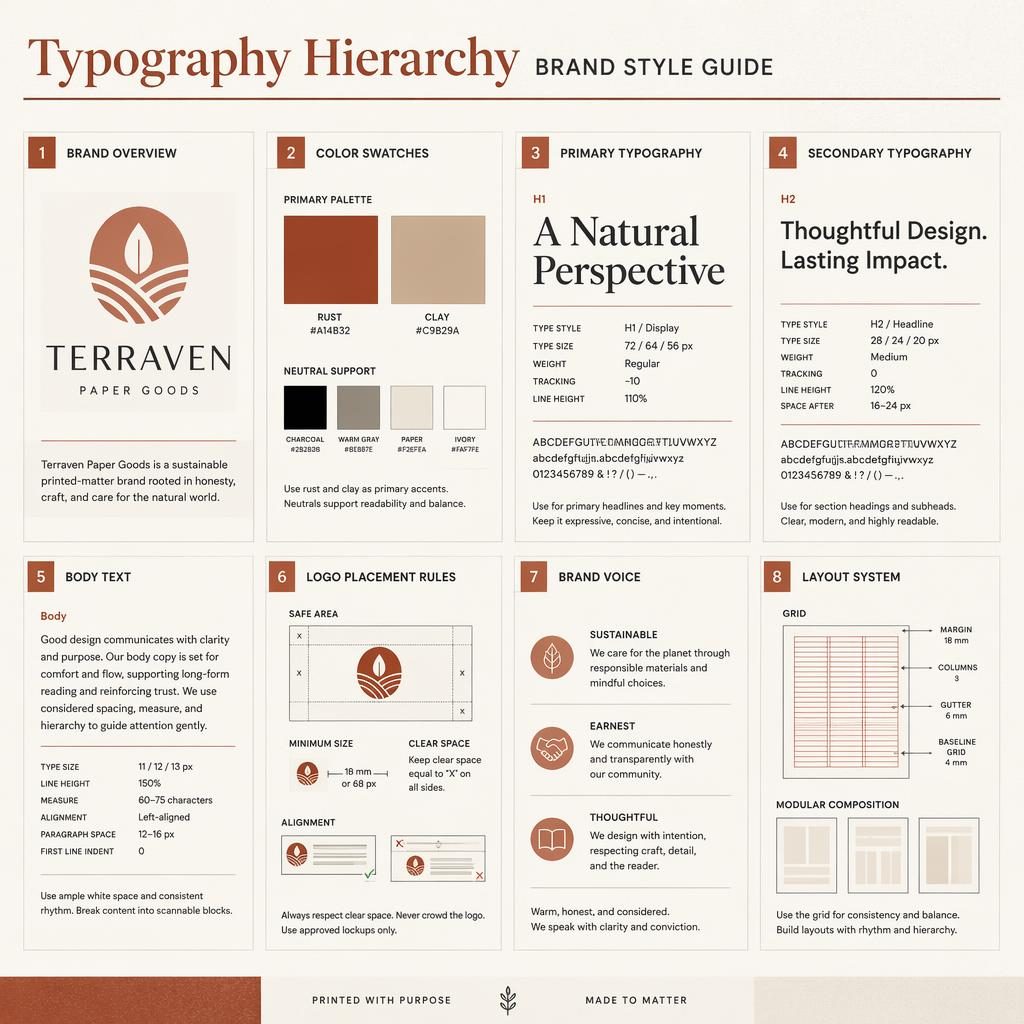 Editorial infographic with 8 brand style guide cards showing typography, color swatches, logo rules, voice, and layout diagrams.