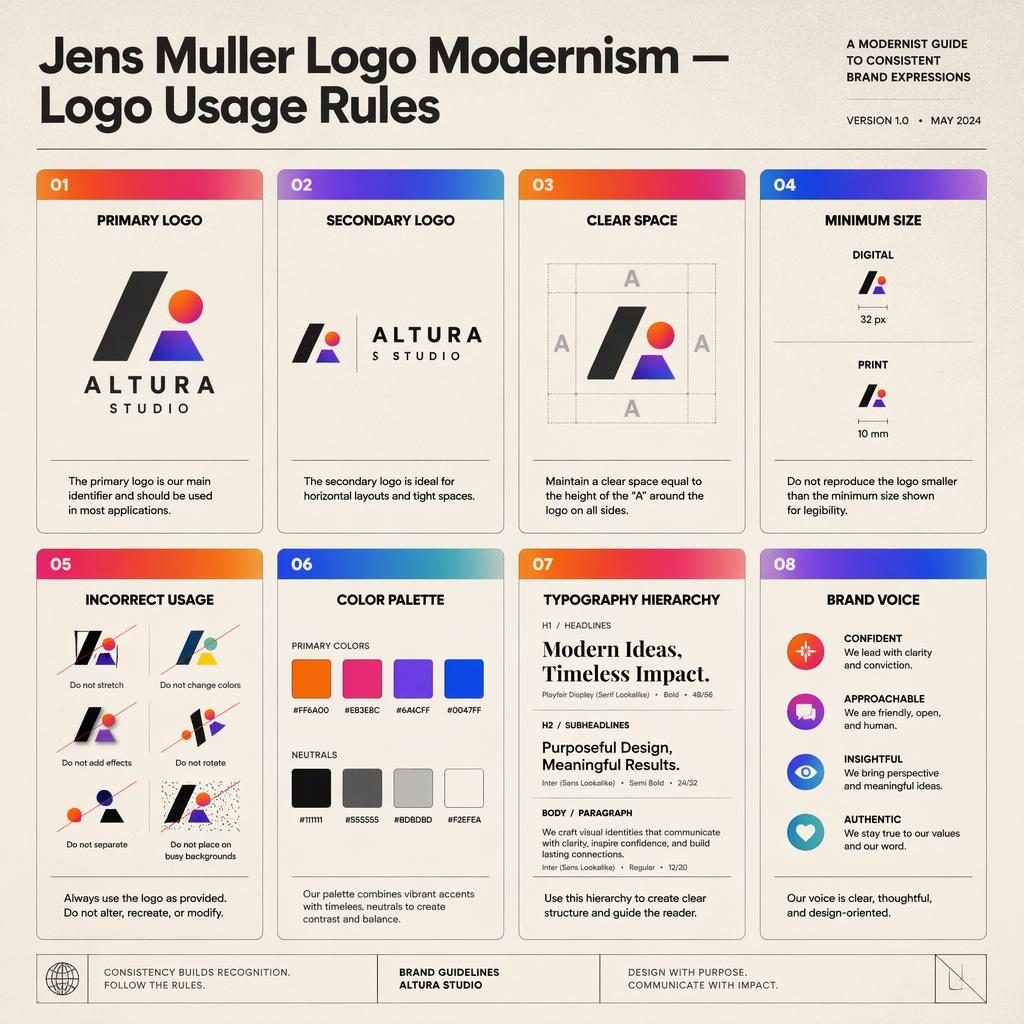 Editorial card-grid infographic showing 8 logo usage rule cards, icons, color swatches, type hierarchy, spacing guides, and labels.