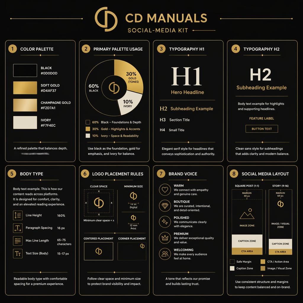 Infografik mit 8 Karten im Raster, schwarz-goldene Markenrichtlinien für cd manuals mit Farbpalette, Typografie, Logo und Social Media.