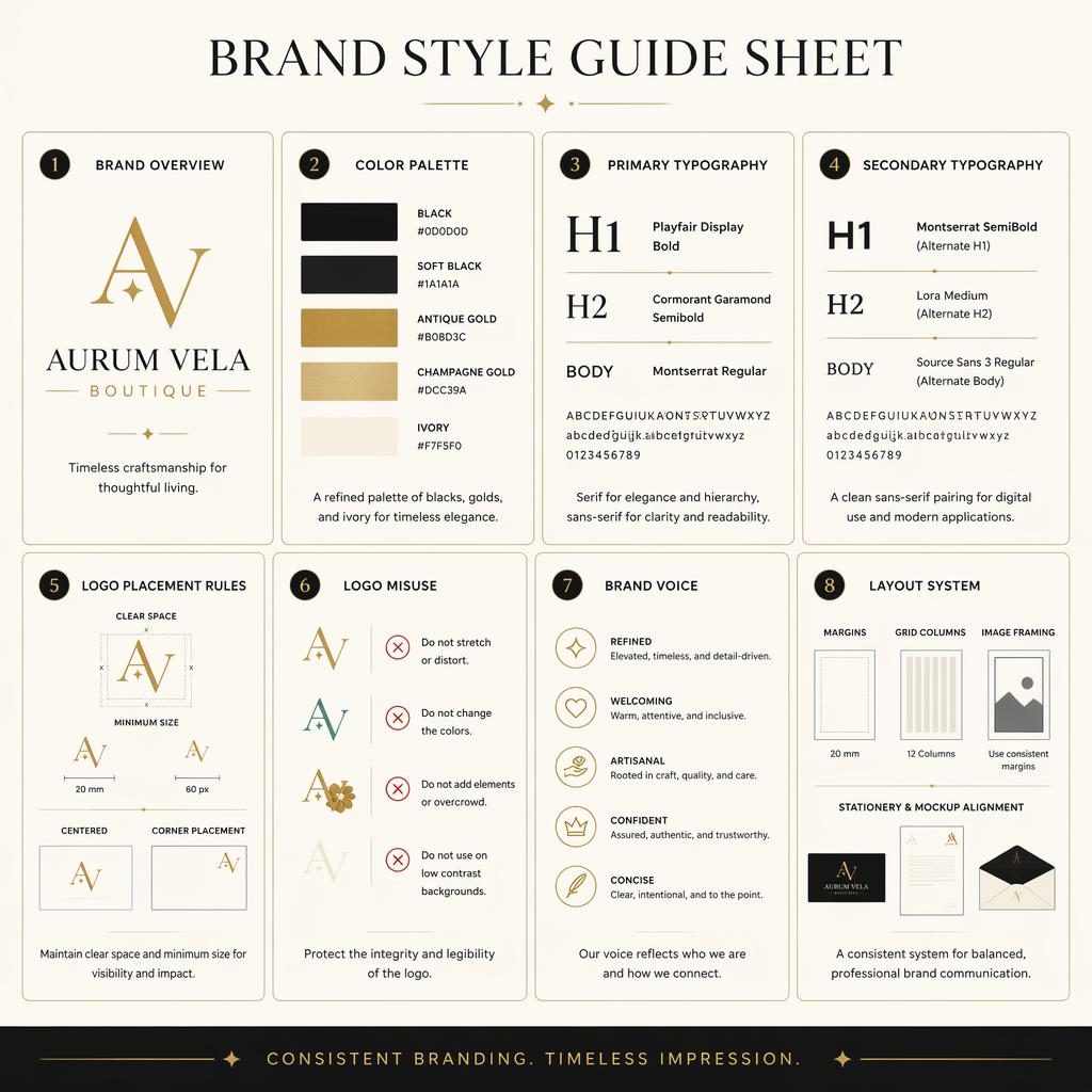 Infografía en cuadrícula con 8 tarjetas de guía de marca en negro y dorado sobre fondo crema, estilo editorial de lujo.