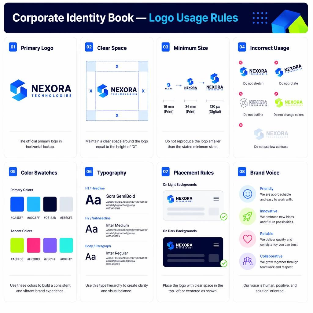 Editorial grid infographic with 8 cards showing logo usage rules, clear space, size, colors, typography, placement, and voice.