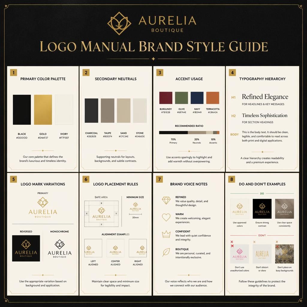 Infografía en cuadrícula con 8 tarjetas sobre manual de logos, paleta negro y dorado, tipografía y reglas de uso.