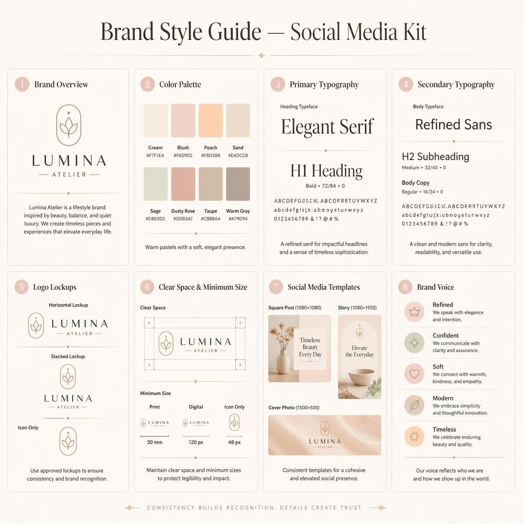 Infografía en cuadrícula con 8 tarjetas de guía de estilo de marca en tonos pastel cálidos, tipografía y plantillas.