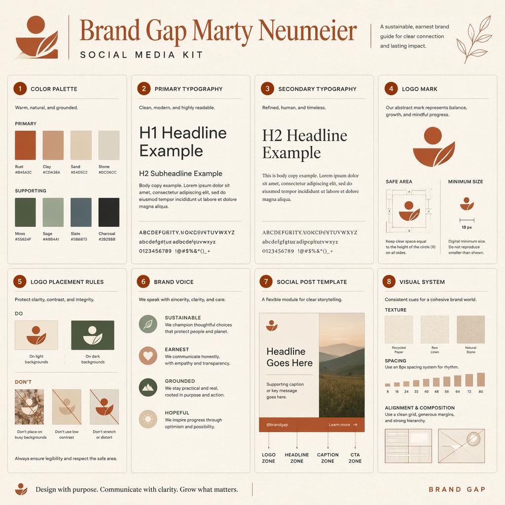 Editorial 8-card brand style guide grid in rust and clay with color, type, logo, voice, and social post rules.