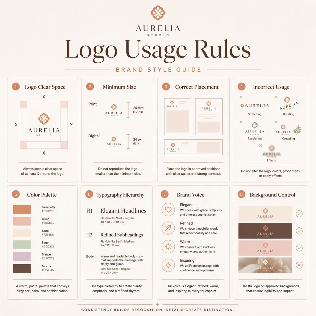 Infografik mit 8 Karten im Raster zu Logo-Regeln, Farbpalette, Typohierarchie und Brand Voice in Pastelltönen.