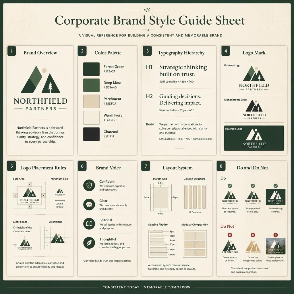 Infografía en cuadrícula con 8 tarjetas sobre guía de estilo corporativa, paleta verde bosque y pergamino, iconos y diagramas.