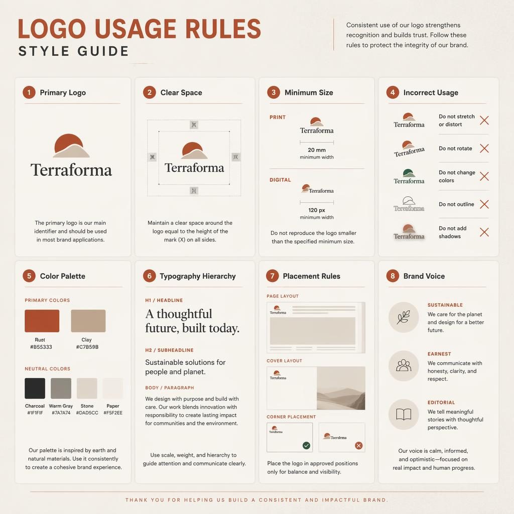 Swiss-inspired 8-card logo usage rules grid with icons, color palette, typography hierarchy, placement rules, and brand voice.