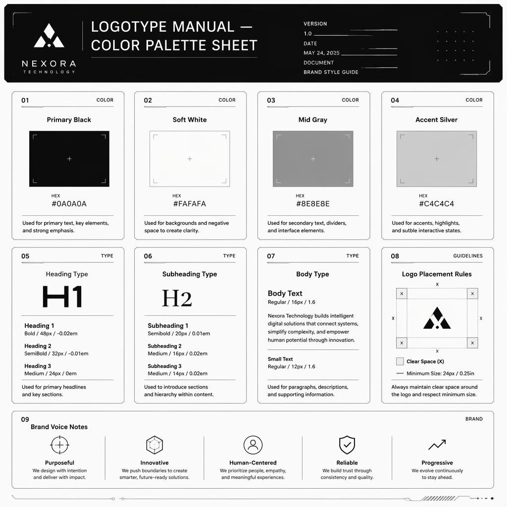 Infografía en cuadrícula con tarjetas de paleta, tipografía, reglas de logo y notas de voz de marca en estilo editorial.