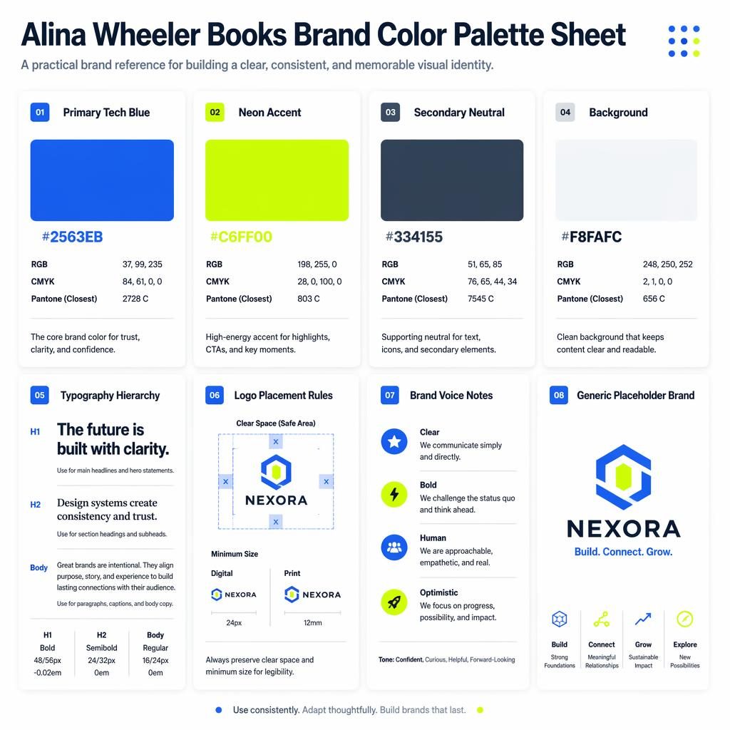 Editorial card-grid infographic for alina wheeler books with 8 brand system cards, color swatches, type sample, logo rules.