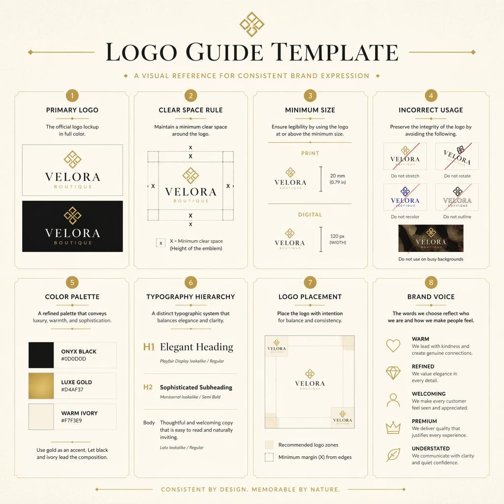 Editorial card grid infographic showing 8 logo guide template cards in black, gold, and ivory with logo rules and brand specs.