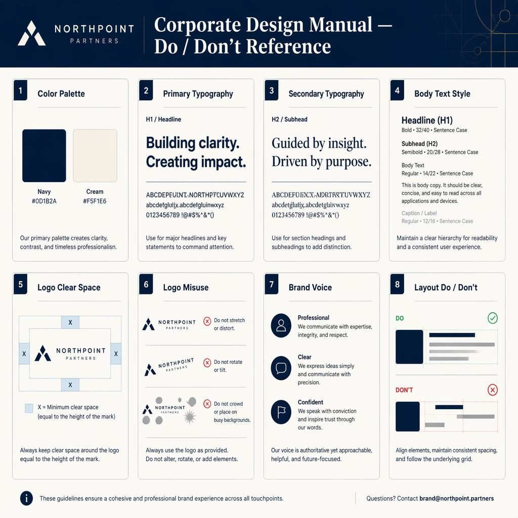 Infografik mit 8 Karten im Navy-Creme-Layout zu Farbpalette, Typografie, Logo-Regeln, Brand Voice und Layout Do/Don't.