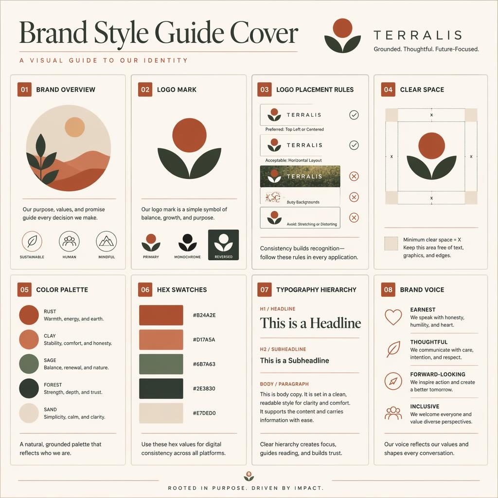 Infografía en cuadrícula con 8 tarjetas de guía de marca, iconos, muestras de color, tipografía y reglas de logo.