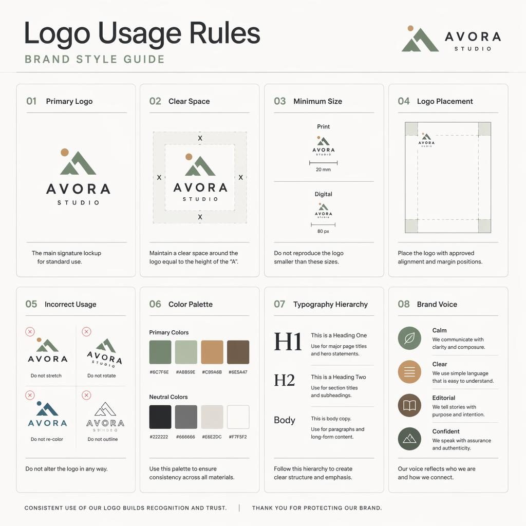 Infografía en retícula suiza con 8 tarjetas sobre normas de uso de logo, paleta, tipografía y tono de marca.