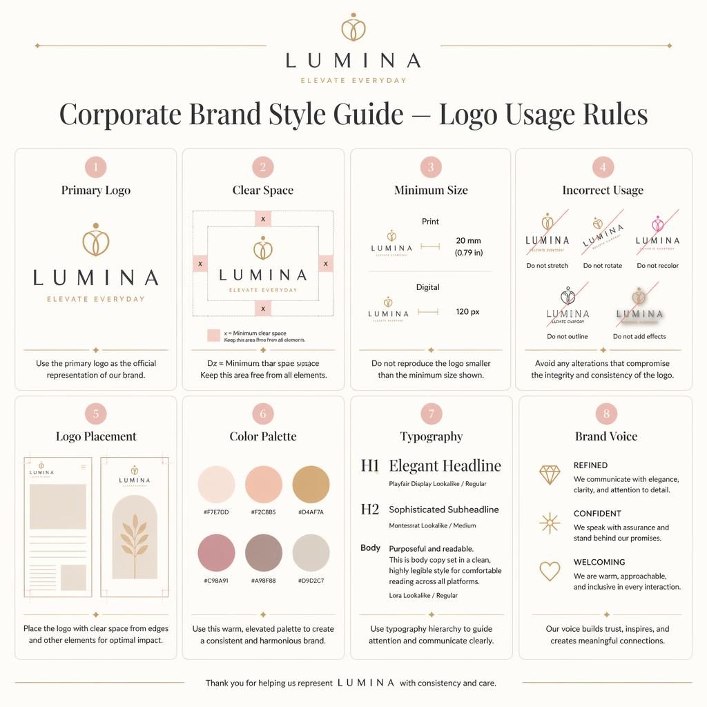 Infografía en cuadrícula con 8 tarjetas sobre reglas de uso del logo, paleta pastel cálida y estilo editorial premium.