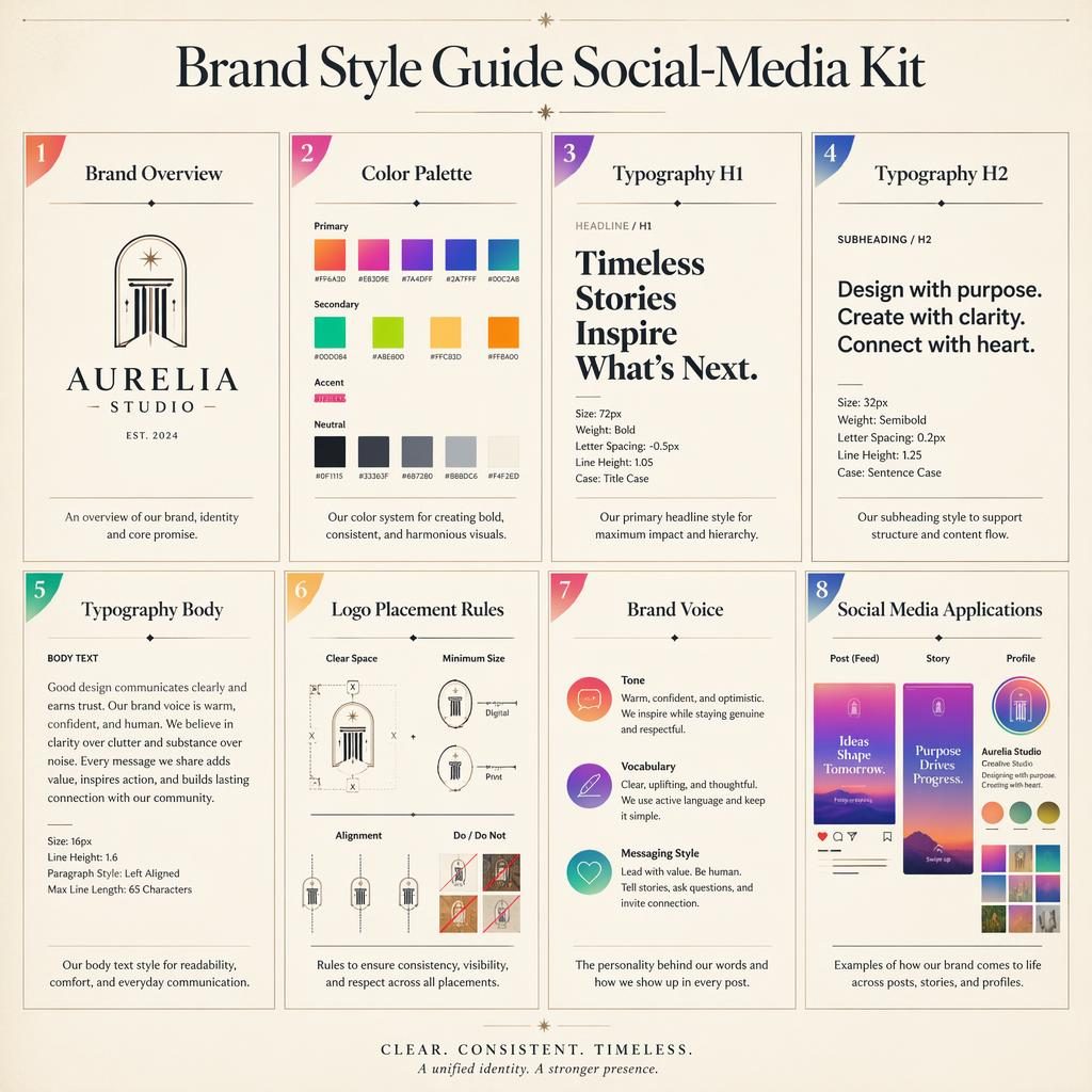 Editorial grid infographic with 8 brand guide cards for color palette, typography, logo rules, brand voice, and social media use