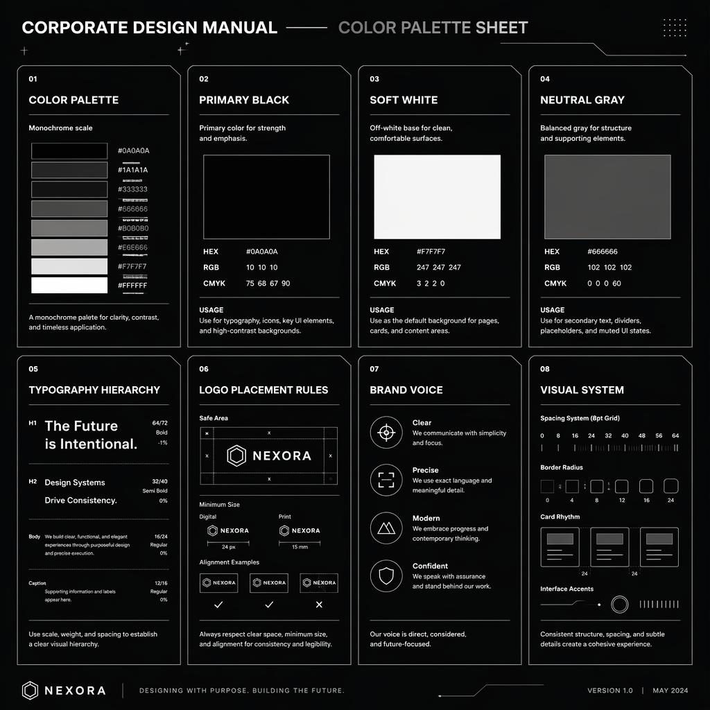 Redaktionelle Infografik mit 8 Karten im Raster zu Farbpalette, Typografie, Logo-Regeln, Brand Voice und Visual System.