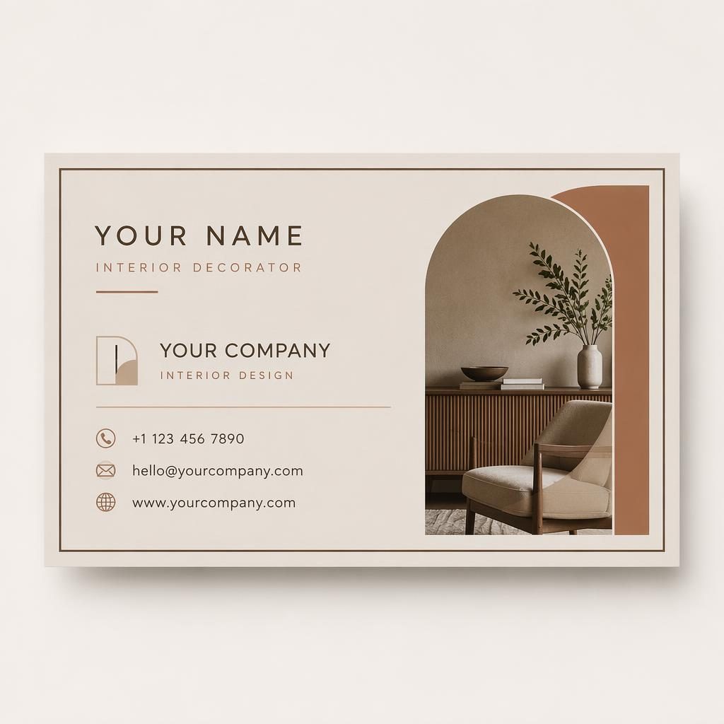 Back view of an interior decorator business card in Swiss style with warm earth colors, clean contact placeholders, and sharp type.