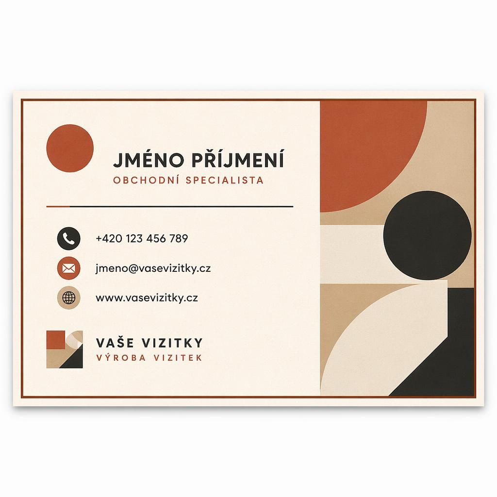 Zadní strana vizitky ve stylu Bauhaus v teplé zemitě laděné paletě, s čistou typografií a vyváženým prázdným prostorem.